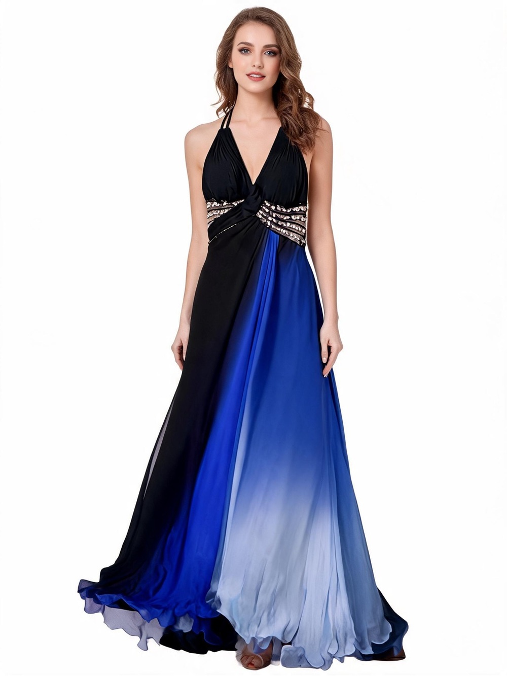 NWOT- Morrell Maxie Black & Blue Ombre Halter Maxi Gown